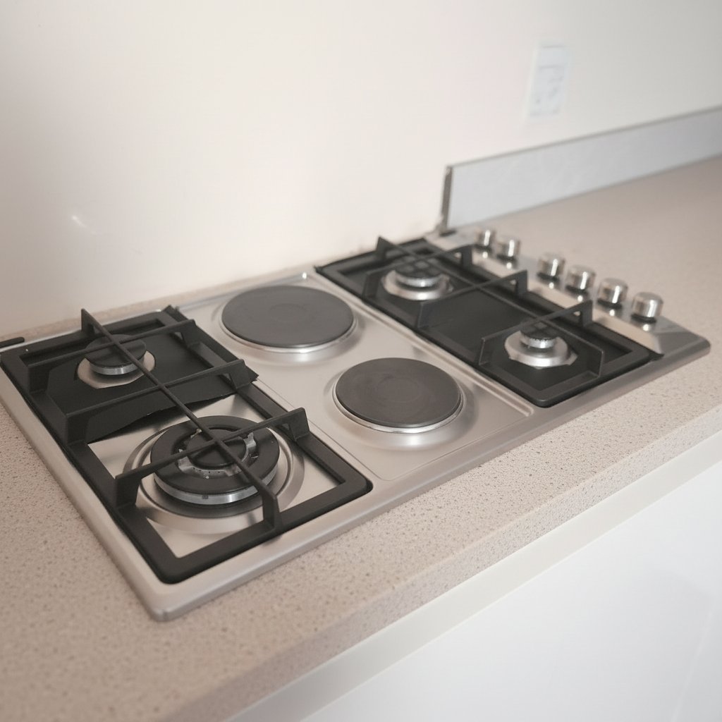 Professional product photo of the stainless steel gas and electric hob