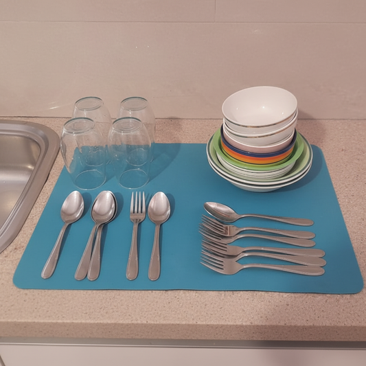Professional product photo of the teal dish drying mat